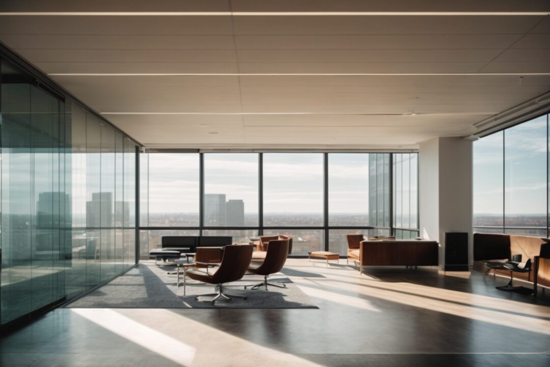 Modern Boston office interior with glare reduction window film on windows