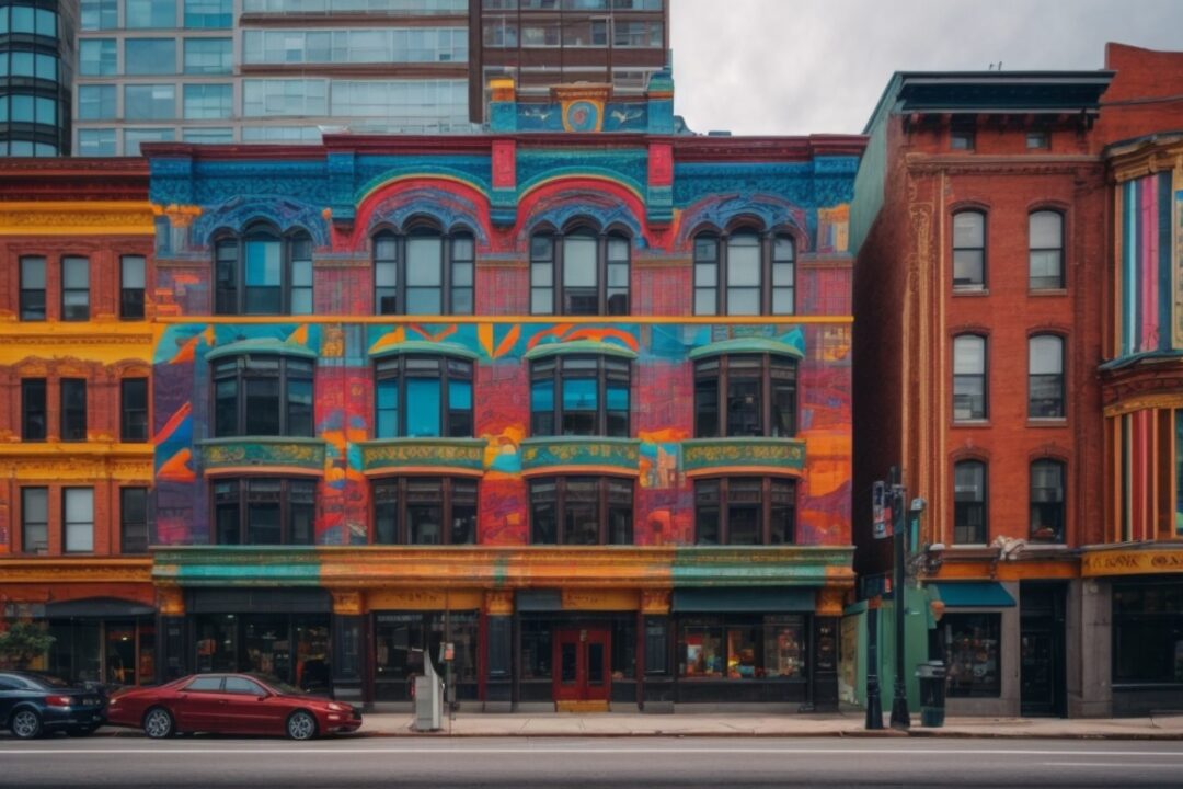 colorful building wrap on Boston architecture with vibrant graphics