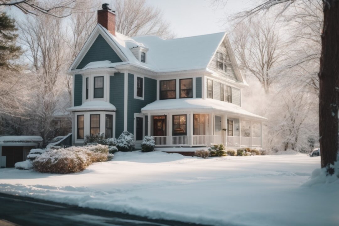 Boston home in winter with low-e window film, snow outside, cozy interior