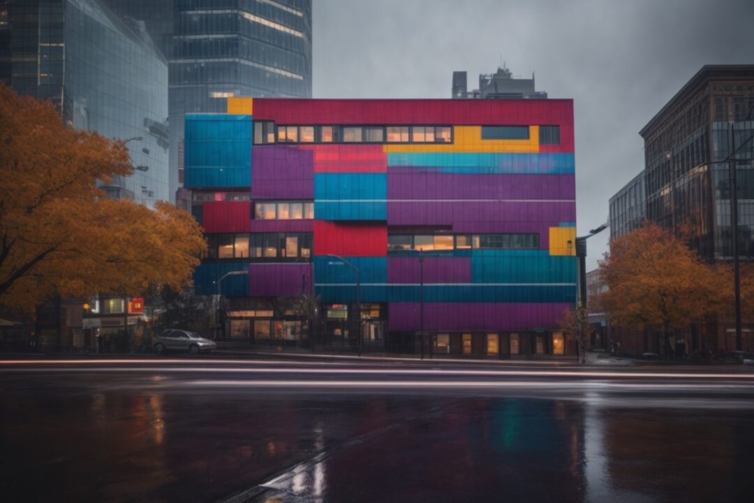 colorful building wrap on Boston tower in severe weather conditions