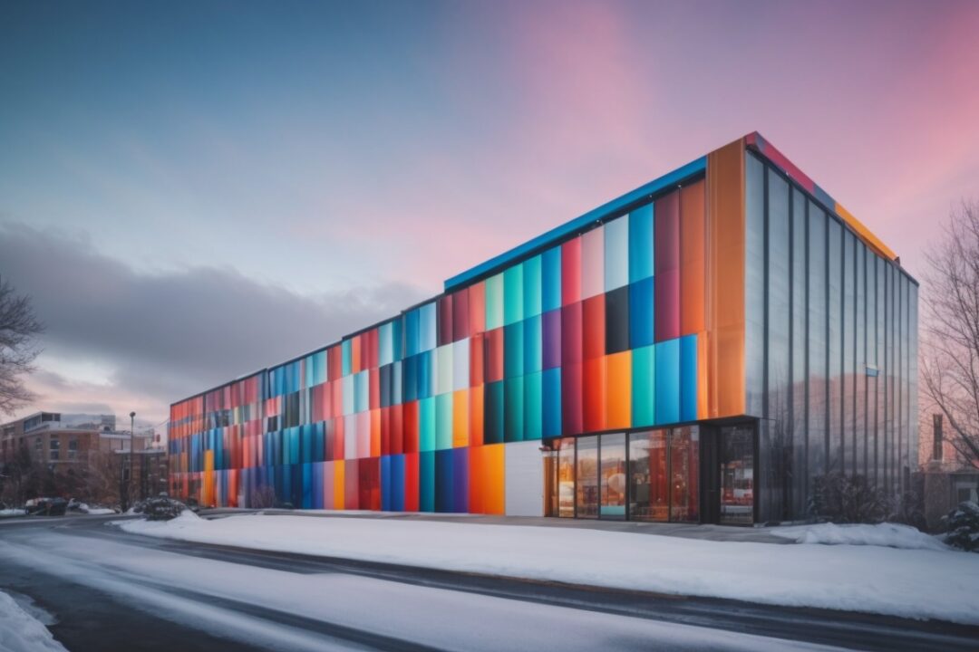 Colorful vinyl building wrap on Boston building exterior in winter
