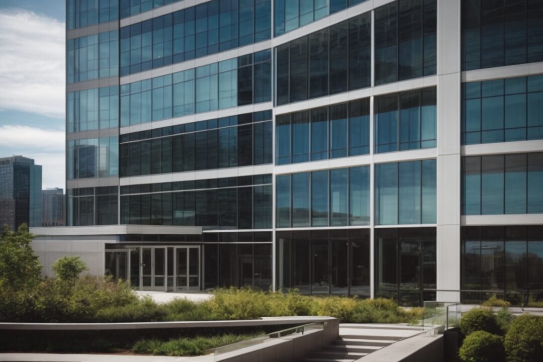 Modern commercial building in Boston with spectrally selective window film, reduced glare and energy-efficient design