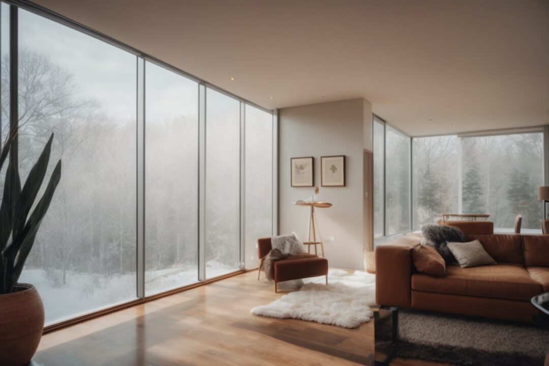 Boston home interior showing window film insulation against weather
