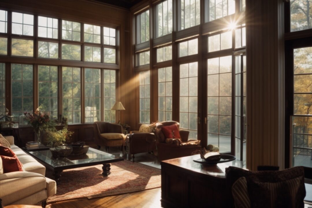 Interior of a historic Boston home with sunlight filtering through glare reduction window film