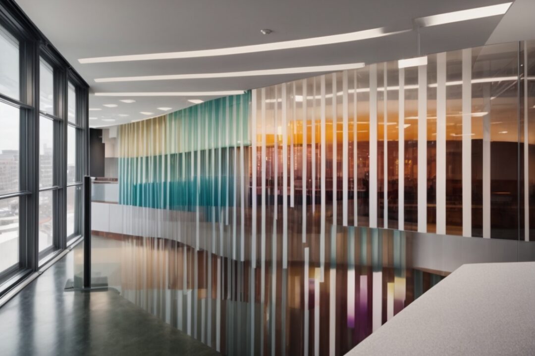Boston office interior with colorful decorative films on windows