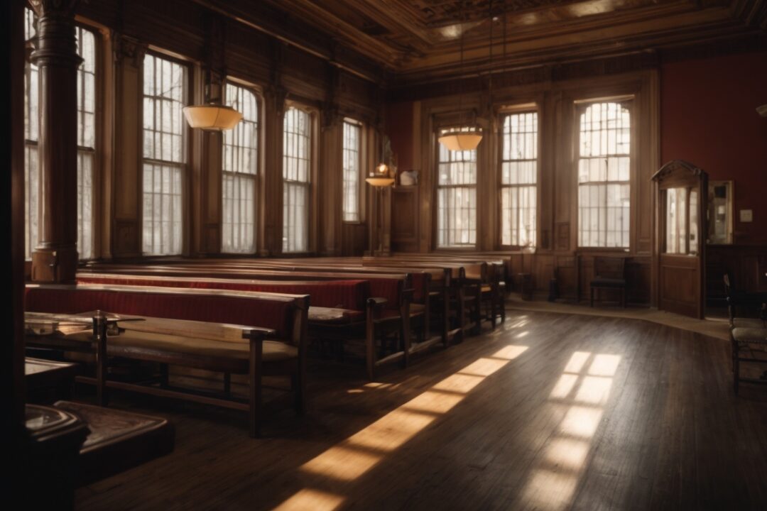 Interior of a historic Boston building with faded furnishings and sunlight streaming through windows
