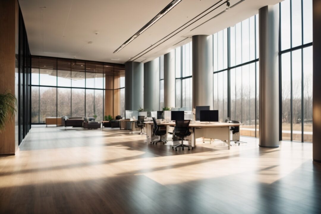 modern office interior with glare reducing window film, sunlit