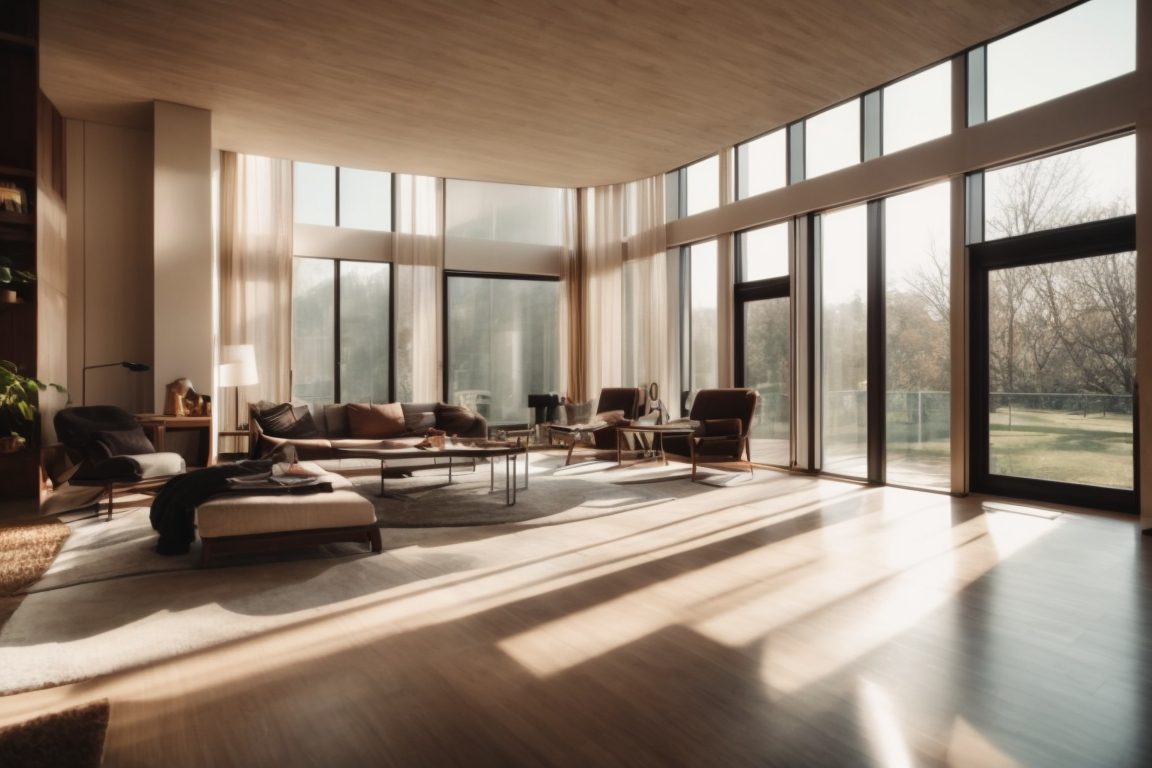 modern home interior with tinted windows and sunlight filtering through