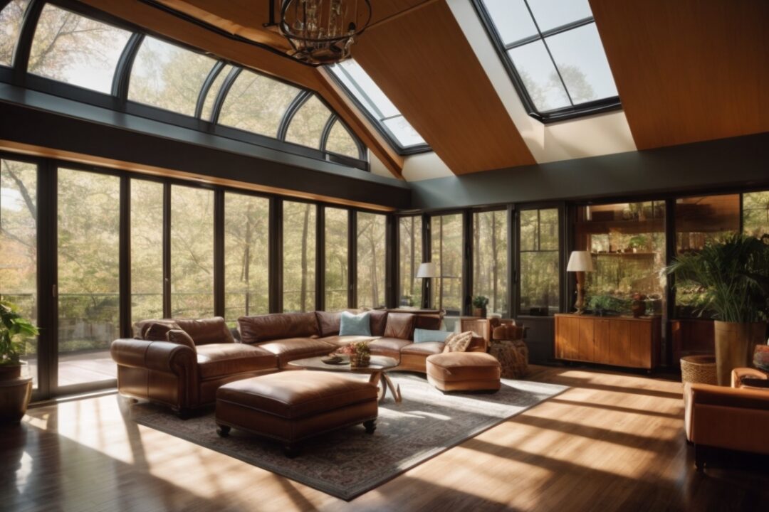 Interior of a Boston home with UV protection window film, sunlight filtering through