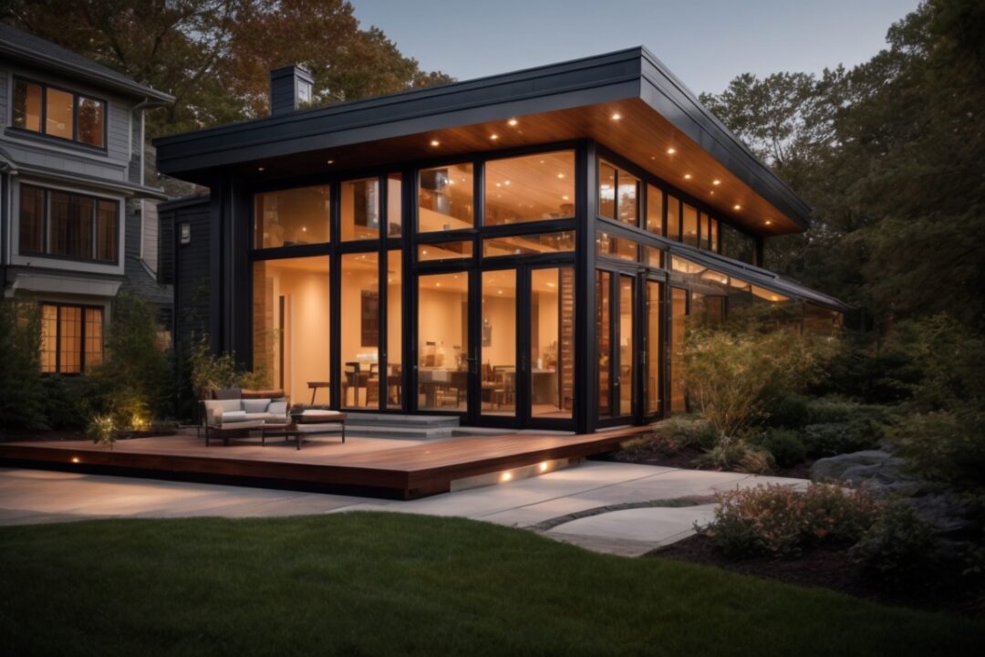 modern home exterior with energy saving window film in Boston