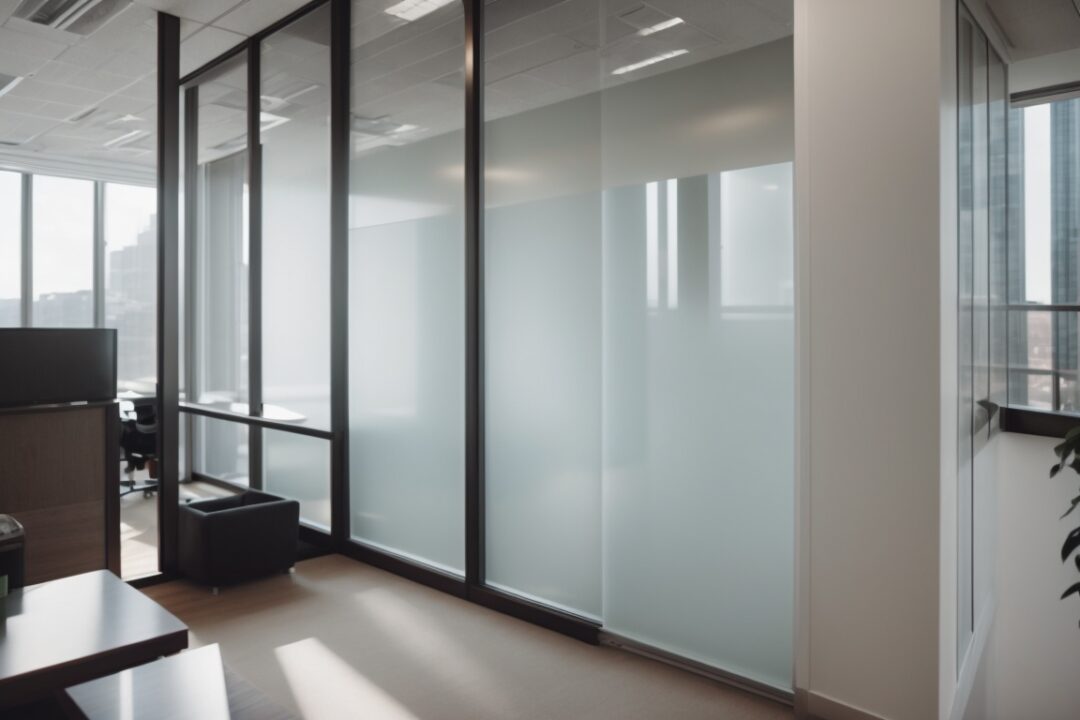 Boston office interior with frosted window film, soft natural light