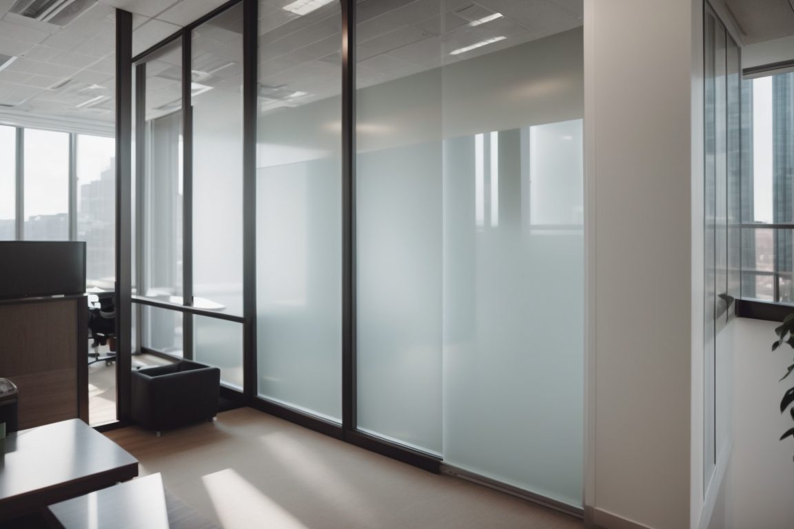 Boston office interior with frosted window film, soft natural light