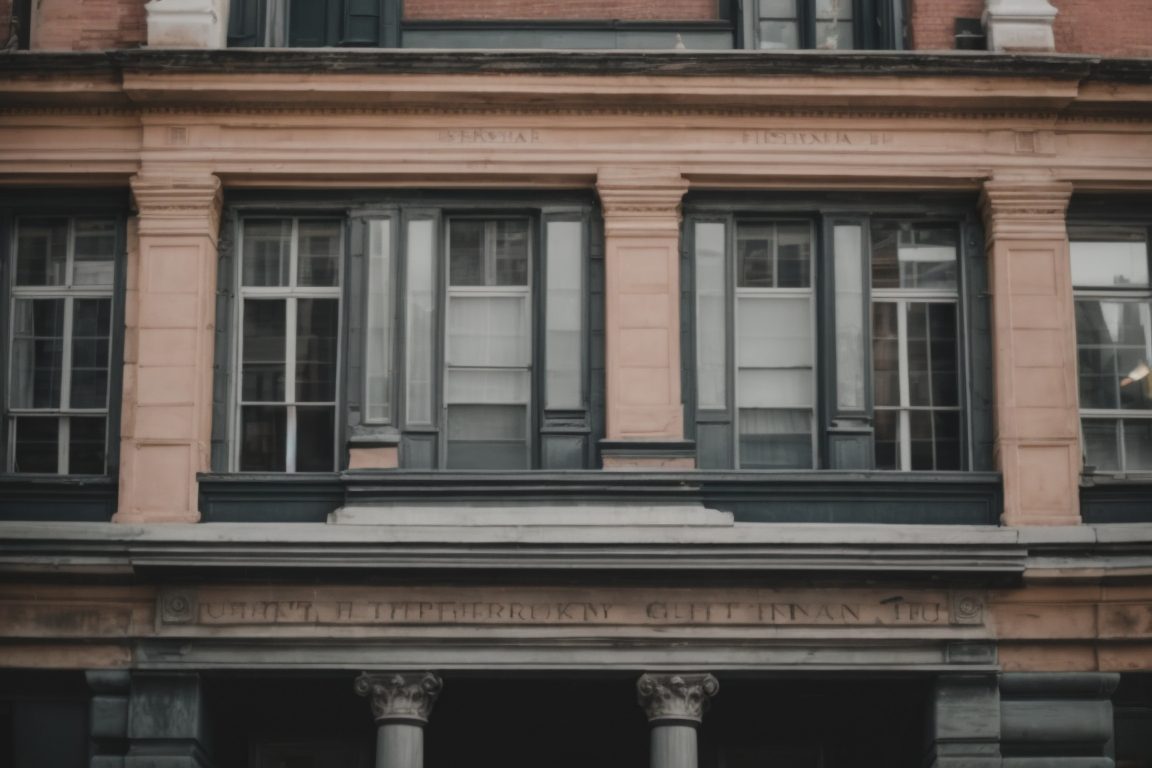 Historical building in Boston with tinted windows and faded facade