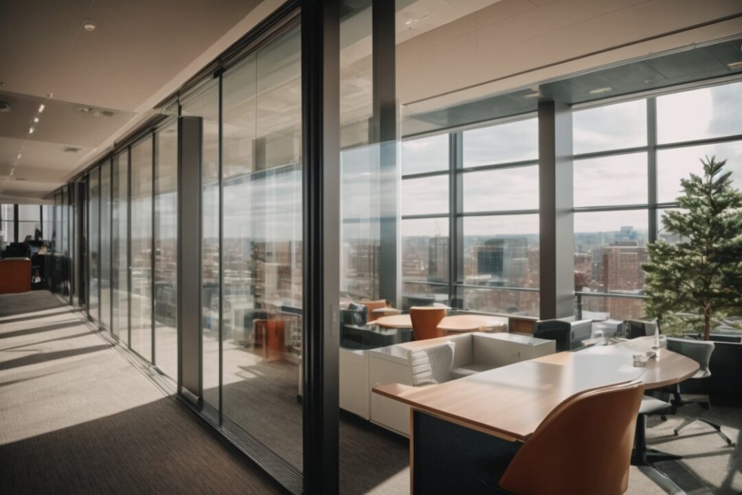 Boston office with decorative window films, seasonal cityscape reflections, cozy interior