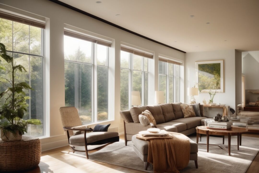 Boston home interior with solar control window film, reflecting sunlight and reducing glare