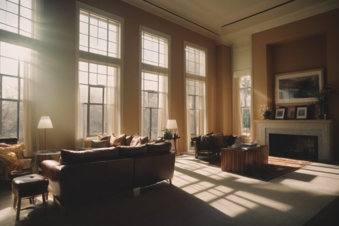 Boston home interior with sunlight filtering through tinted windows