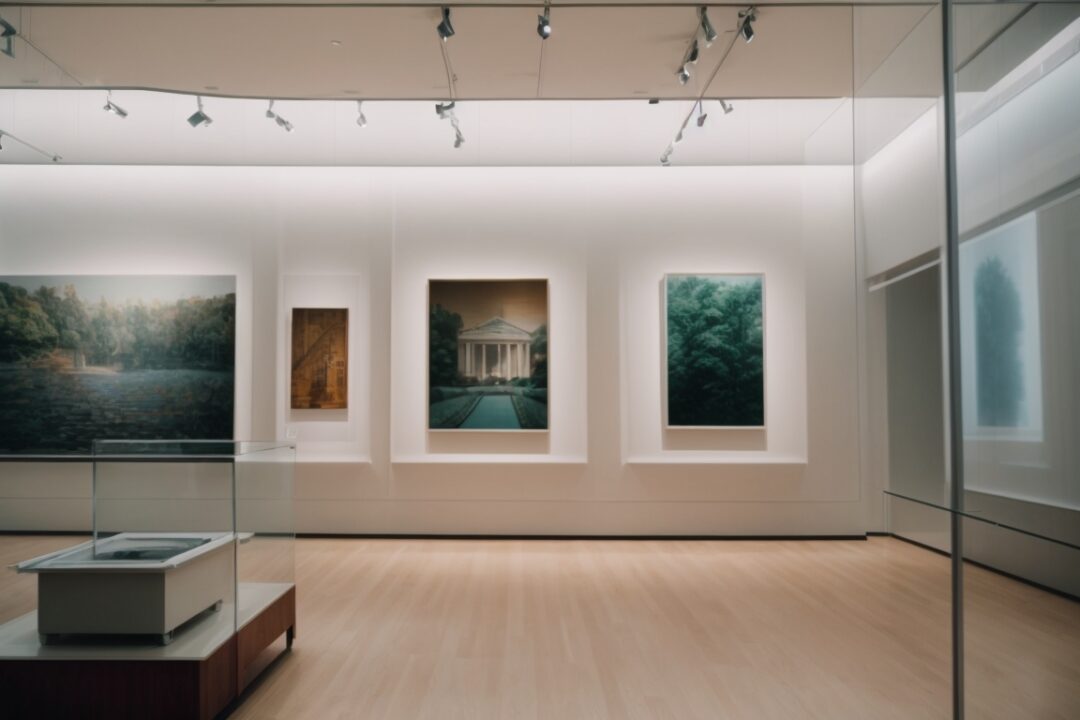 Boston art gallery with UV protective window film, interior view with visible art pieces