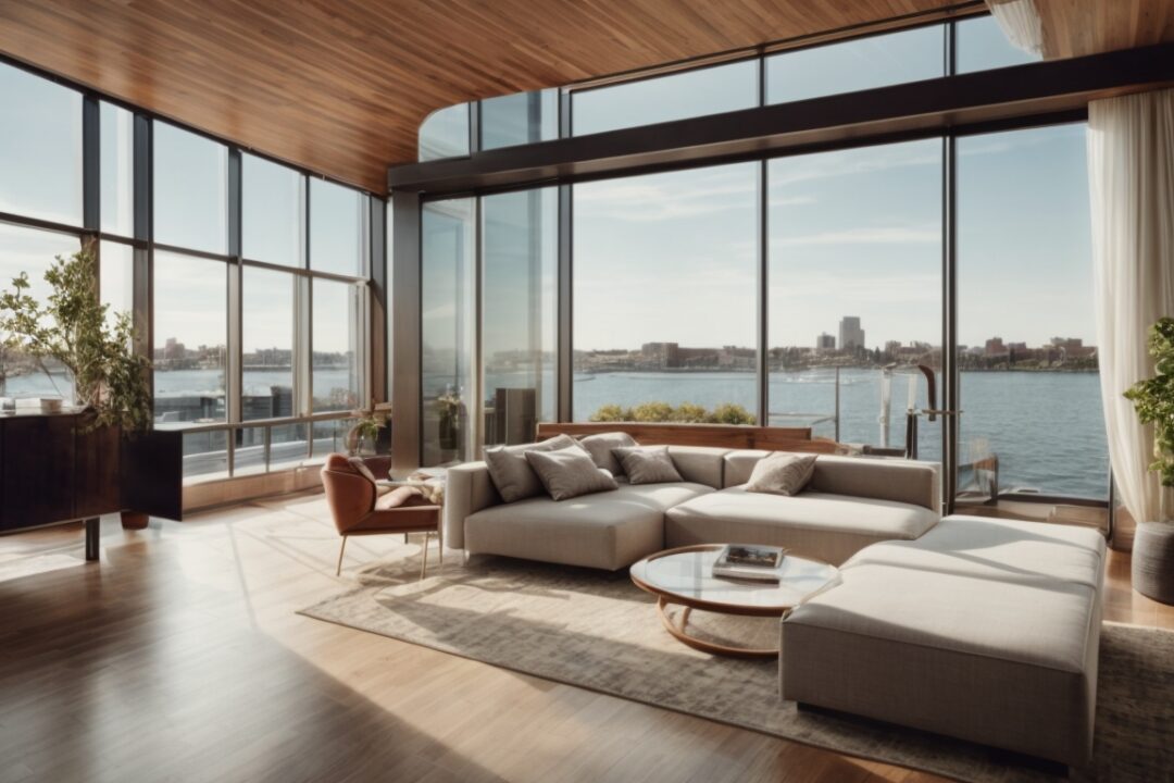 Boston waterfront home interior with glare reducing window film