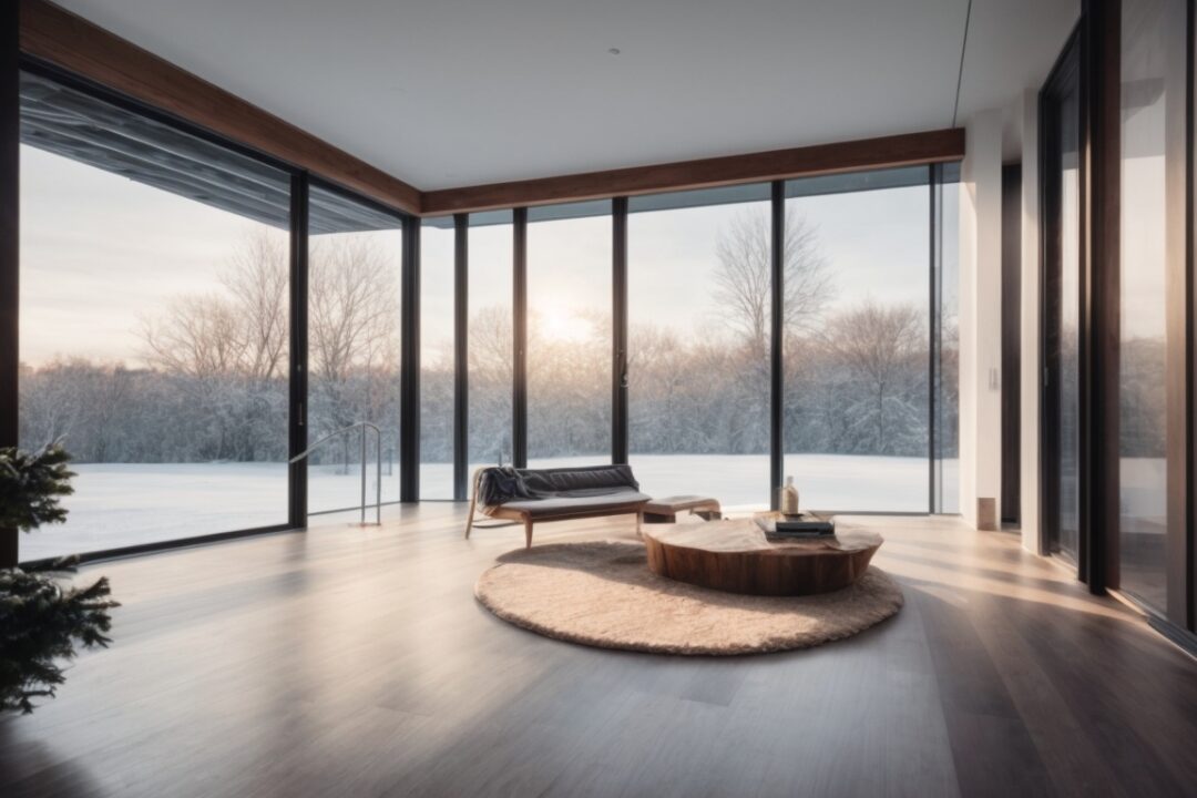 Modern home in Boston with energy saving window film, snowy and sunny weather depiction