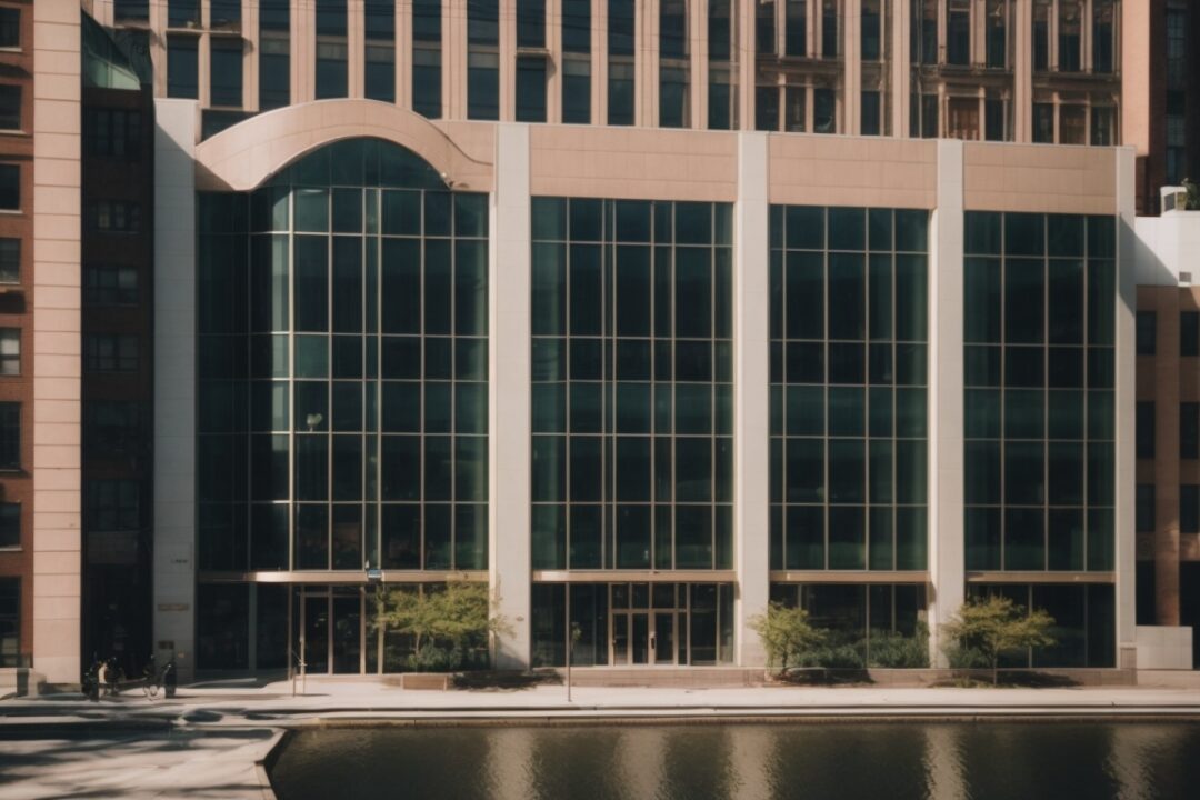 Boston building with tinted windows reflecting sunlight, urban setting