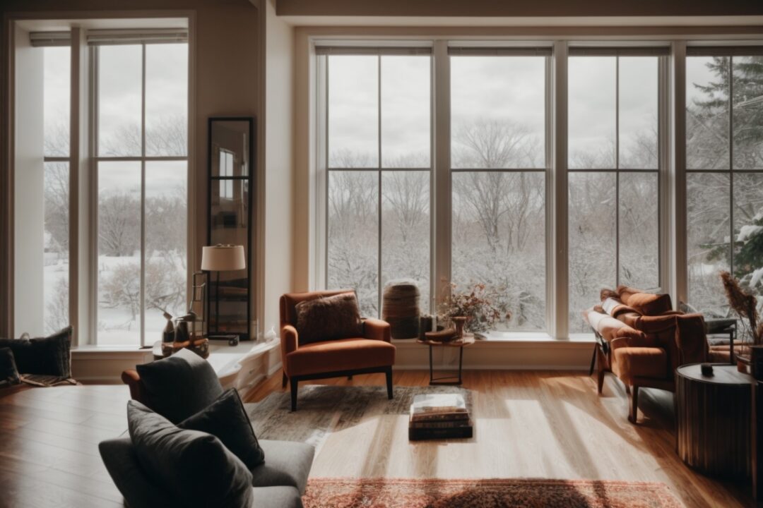 Boston home interior with thermal window film, cozy winter setting