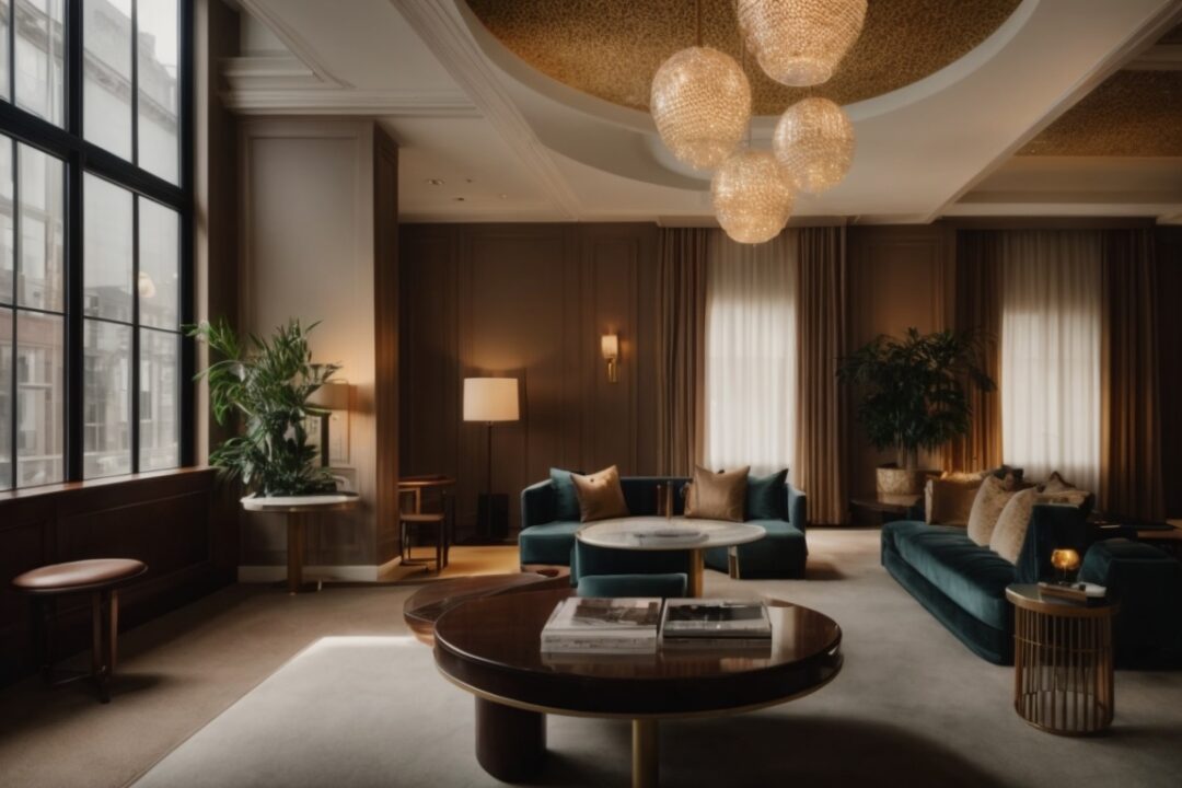 Boston boutique hotel interior with opaque custom window films, elegant furnishings, and soft lighting