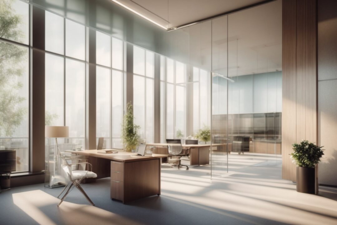 Modern office with frosted window film, diffused light, and elegant decor