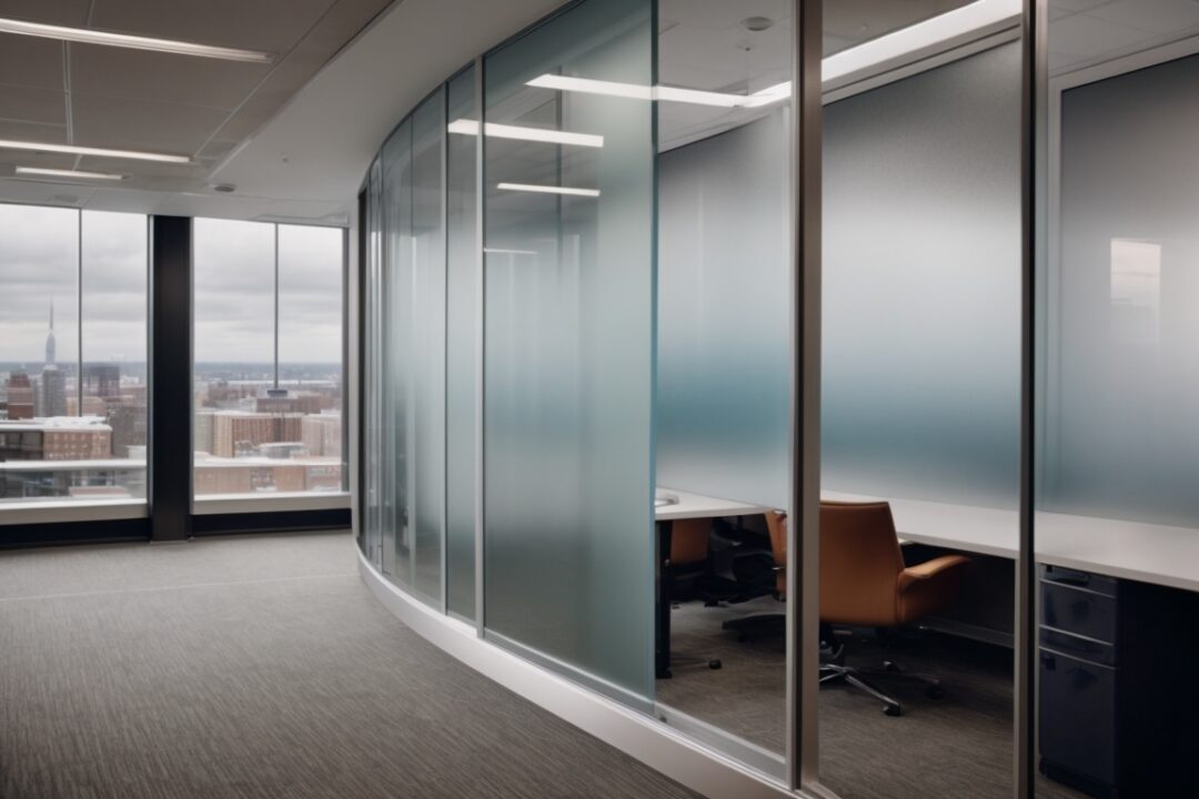 Modern Boston office with frosted privacy film windows, subtle etched logos