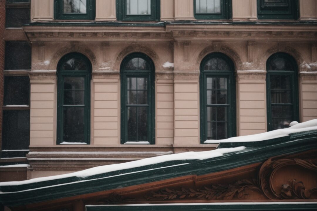 Boston historic building with textured opaque windows in winter